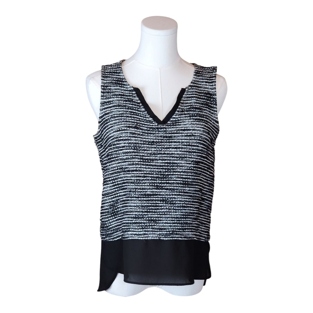 Sanctuary Metallic Knit Tank Top Black White Sheer Chiffon Hem V-Neck Size S